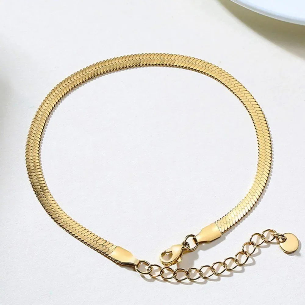 Gold Herringbone Flat Snake Chain Bracelet 4mm